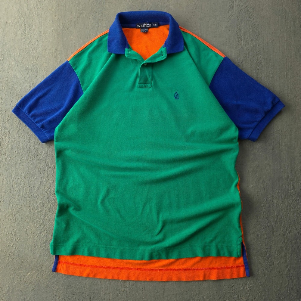 Vintage 90s Nautica Green Orange Blue Polo Shirt Medium Colorblock Big Logo